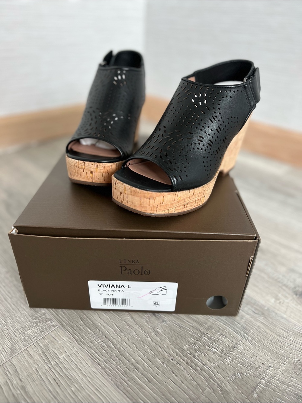 NWT Linea Paolo Black Perforated Leather Cork Wedge Sandals